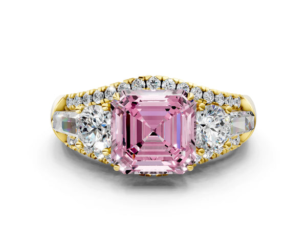 Yellow Gold Asscher Cut Five Stone Baguette Engagement Ring Setting for Fancy Pink Center