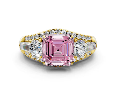 Yellow gold Three-Stone Fancy Pink Asscher Cut Diamond Engagement Ring with Pave Band and Prong Setting_12