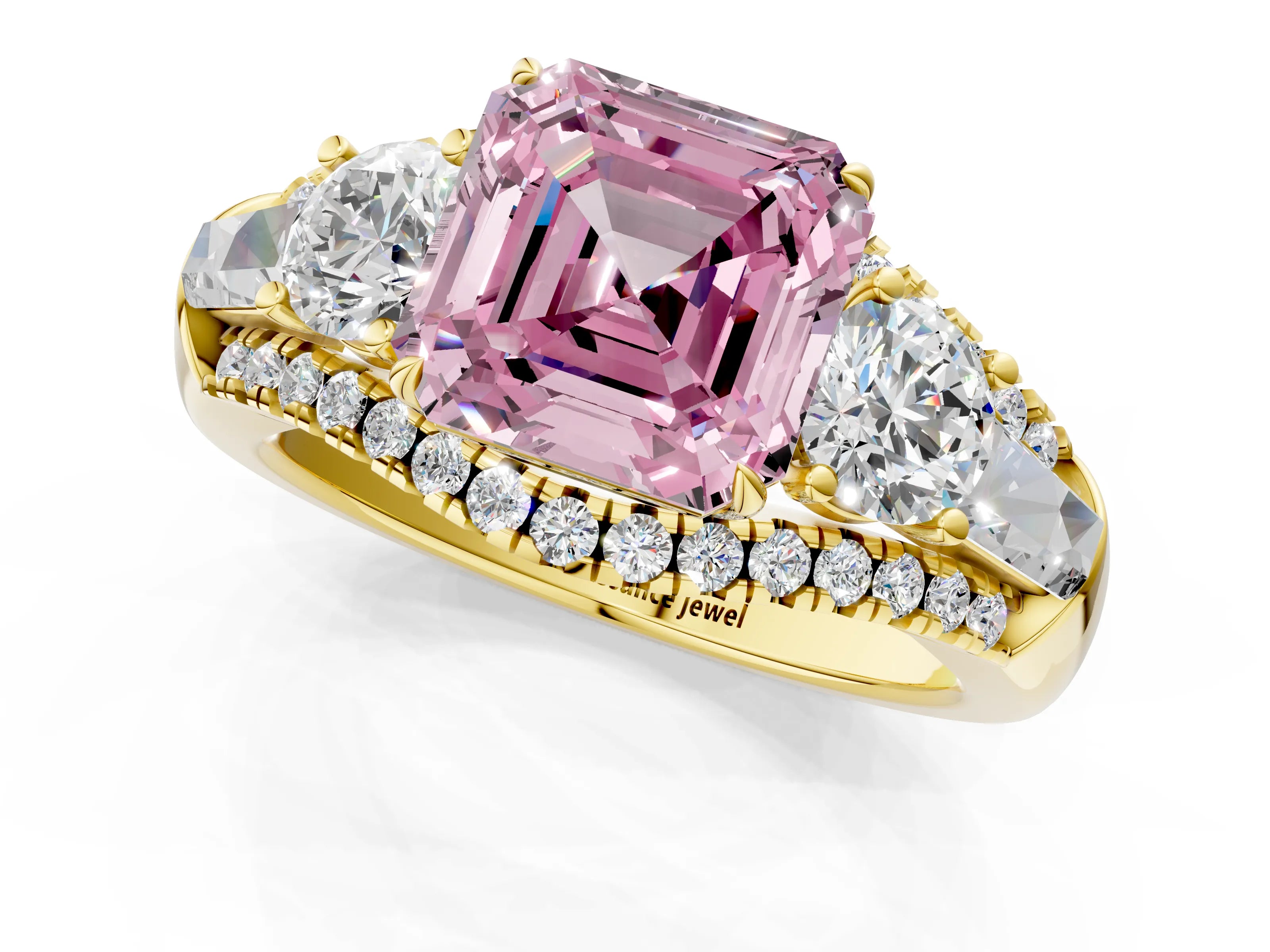 Yellow gold Three-Stone Fancy Pink Asscher Cut Diamond Engagement Ring with Pave Band and Prong Setting_13