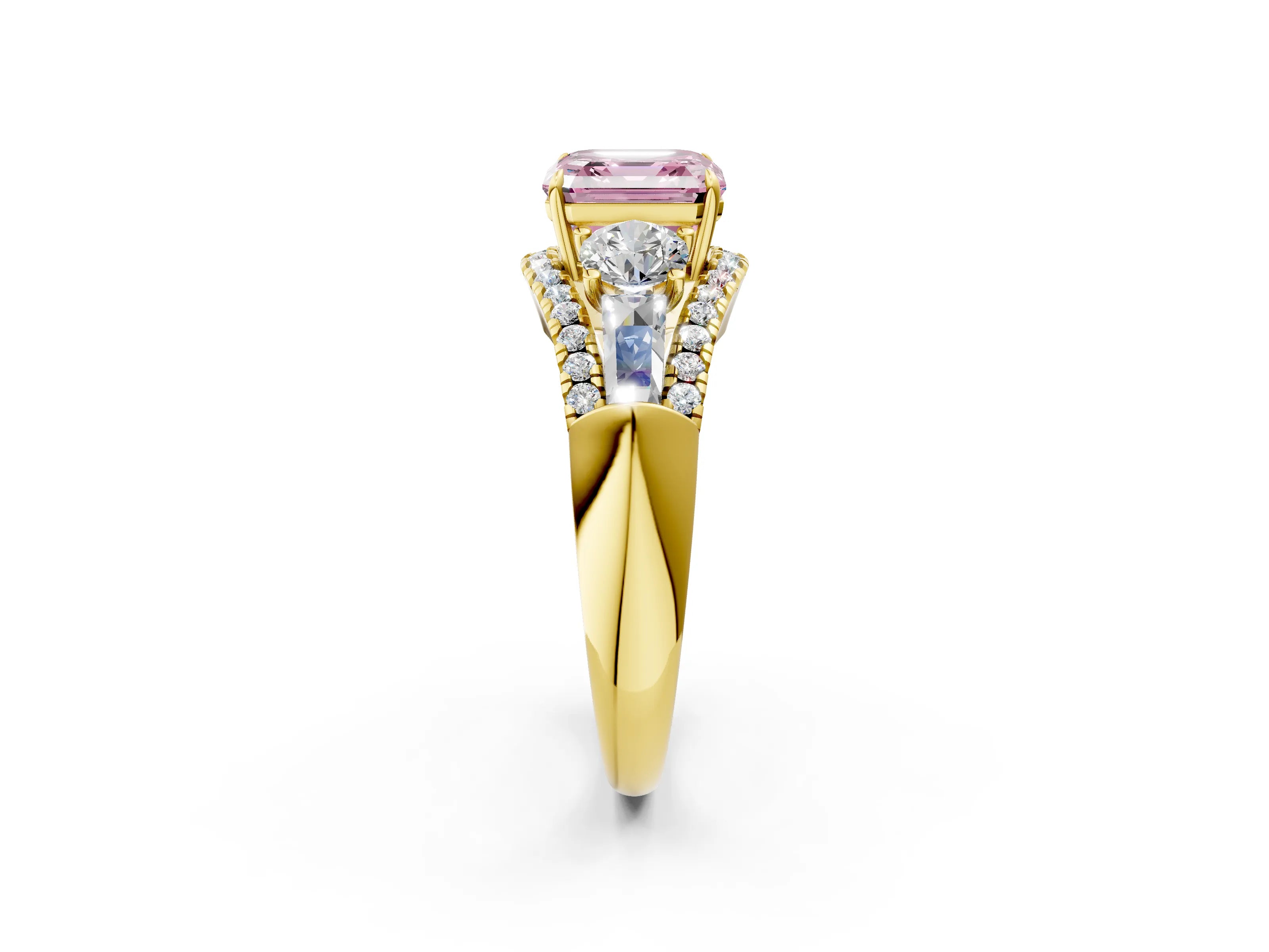Yellow gold Three-Stone Fancy Pink Asscher Cut Diamond Engagement Ring with Pave Band and Prong Setting_14