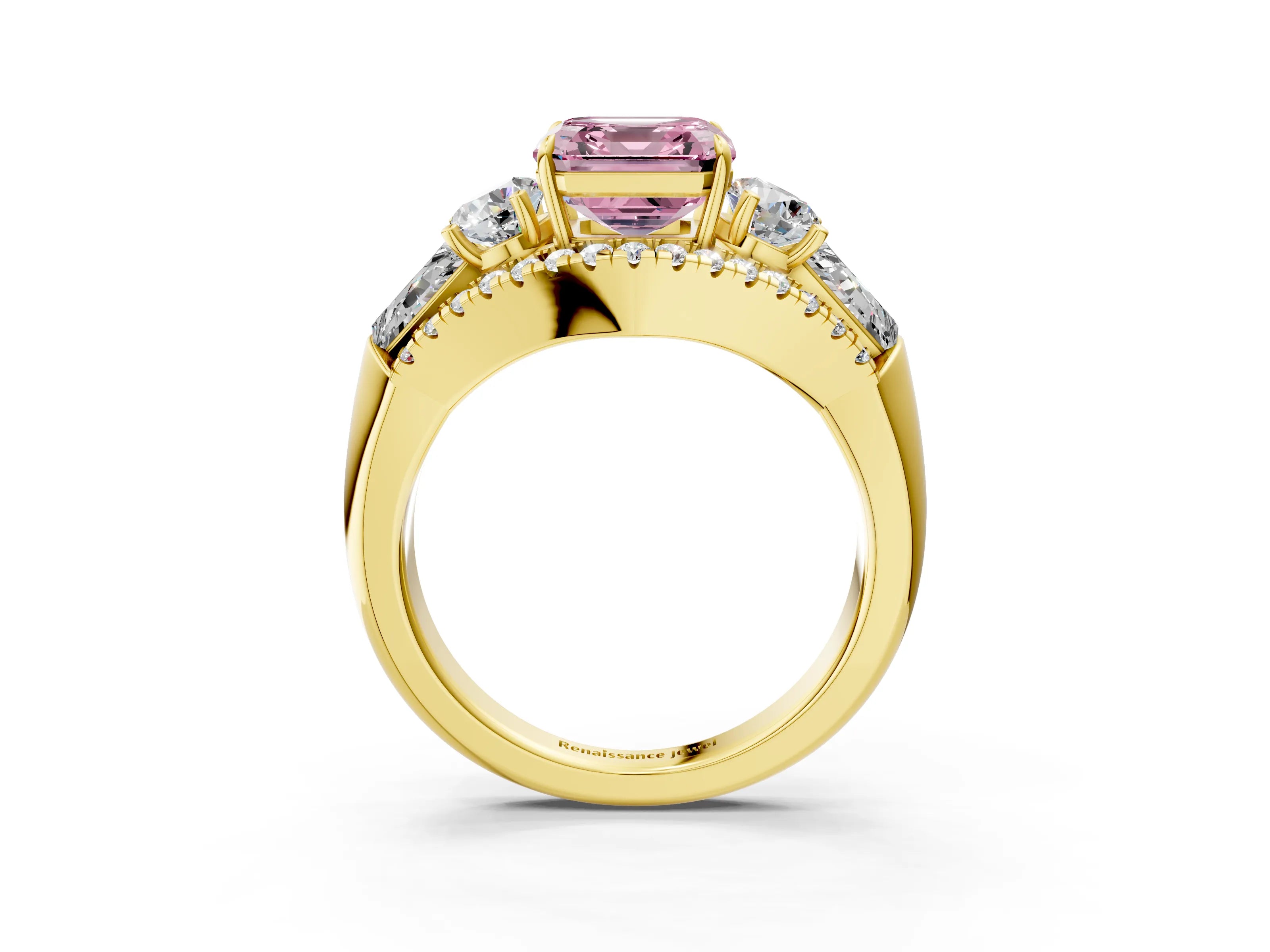 Yellow gold Three-Stone Fancy Pink Asscher Cut Diamond Engagement Ring with Pave Band and Prong Setting_15