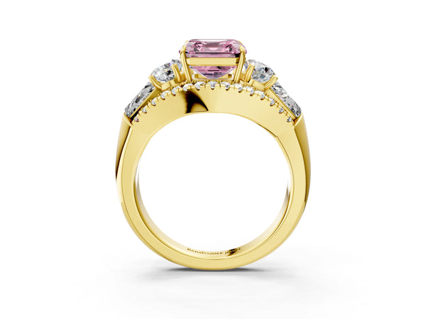 Yellow Gold Asscher Cut Five Stone Baguette Engagement Ring Setting for Fancy Pink Center