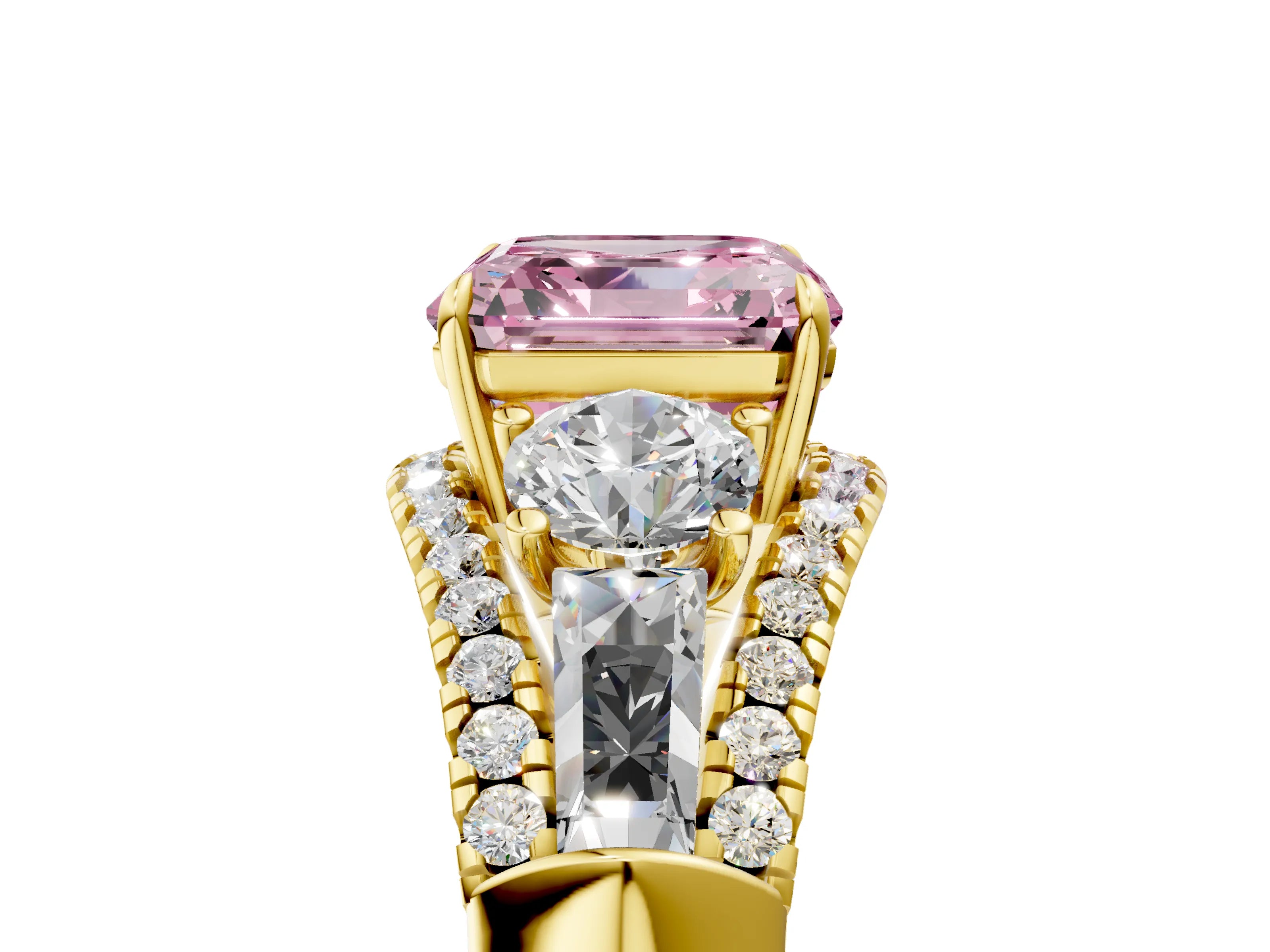 Yellow gold Three-Stone Fancy Pink Asscher Cut Diamond Engagement Ring with Pave Band and Prong Setting_17