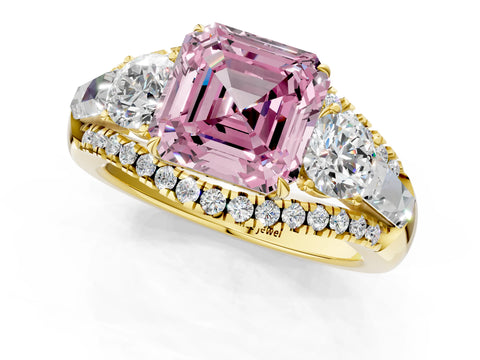 Yellow gold Three-Stone Fancy Pink Asscher Cut Diamond Engagement Ring with Pave Band and Prong Setting_1