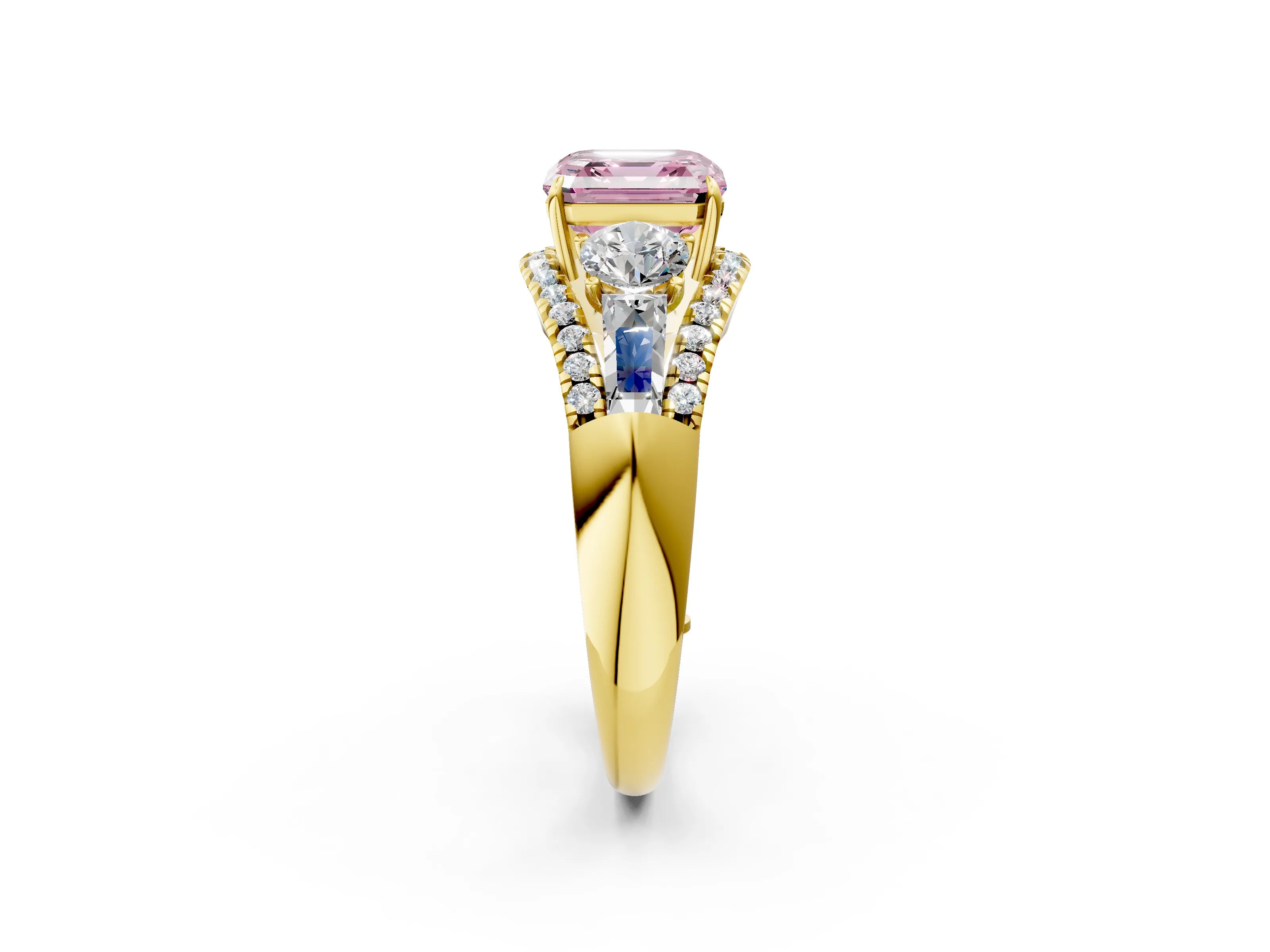 Yellow gold Three-Stone Fancy Pink Asscher Cut Diamond Engagement Ring with Pave Band and Prong Setting_2
