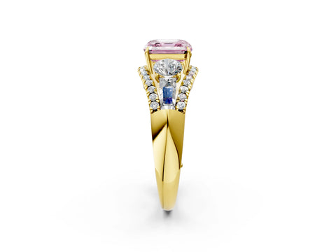 Yellow gold Three-Stone Fancy Pink Asscher Cut Diamond Engagement Ring with Pave Band and Prong Setting_2