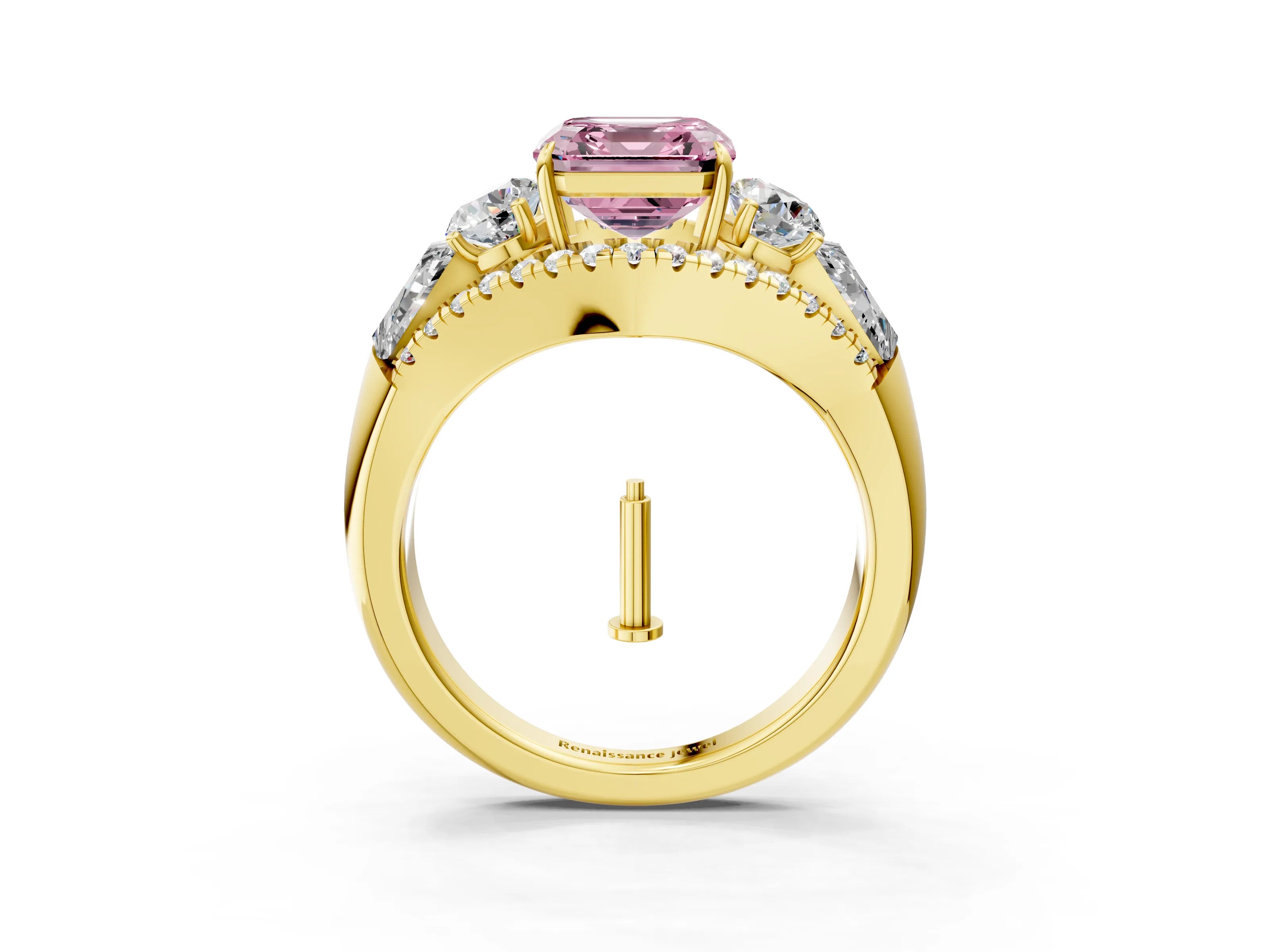 Yellow gold Three-Stone Fancy Pink Asscher Cut Diamond Engagement Ring with Pave Band and Prong Setting_3