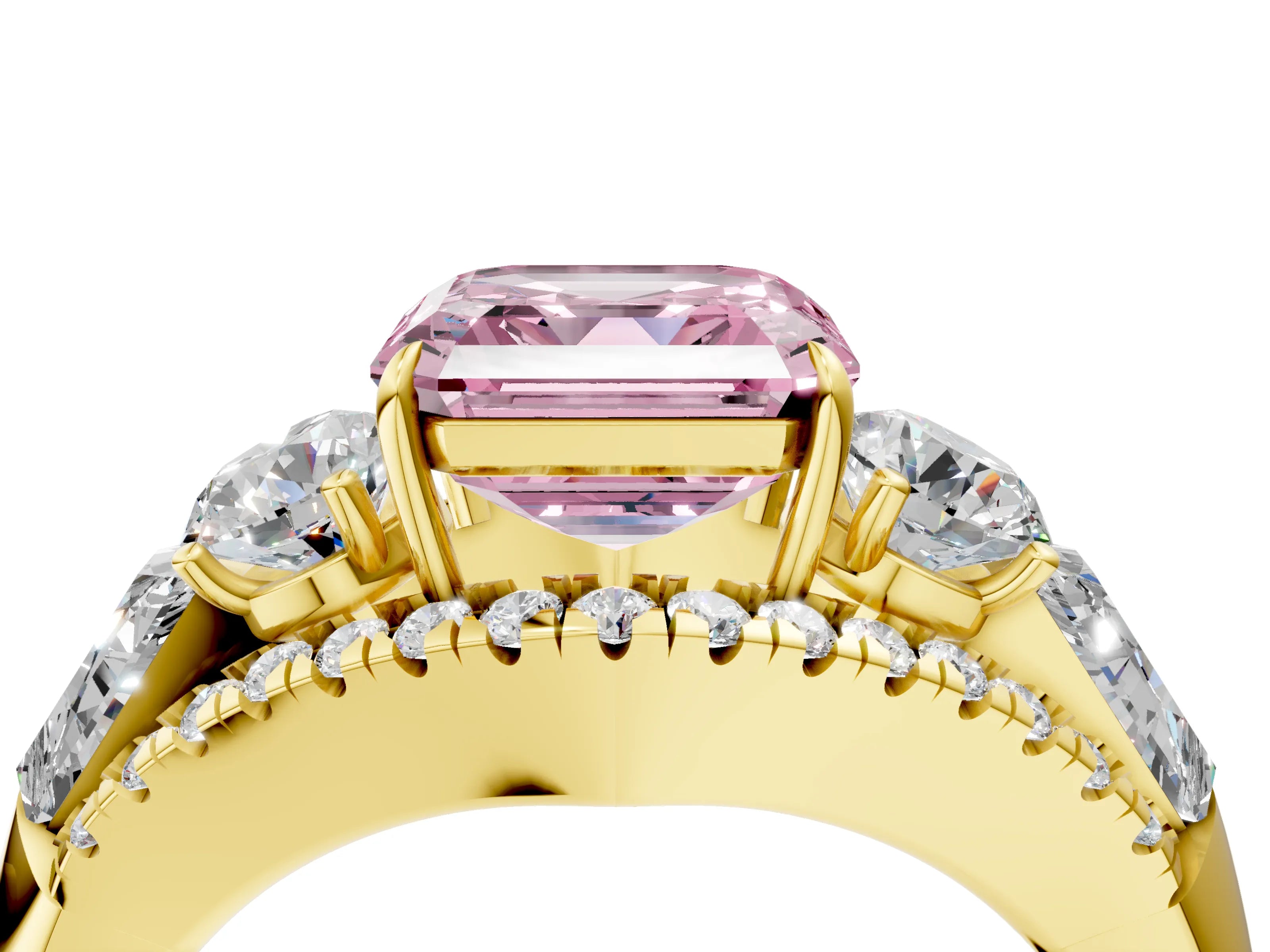 Yellow gold Three-Stone Fancy Pink Asscher Cut Diamond Engagement Ring with Pave Band and Prong Setting_4