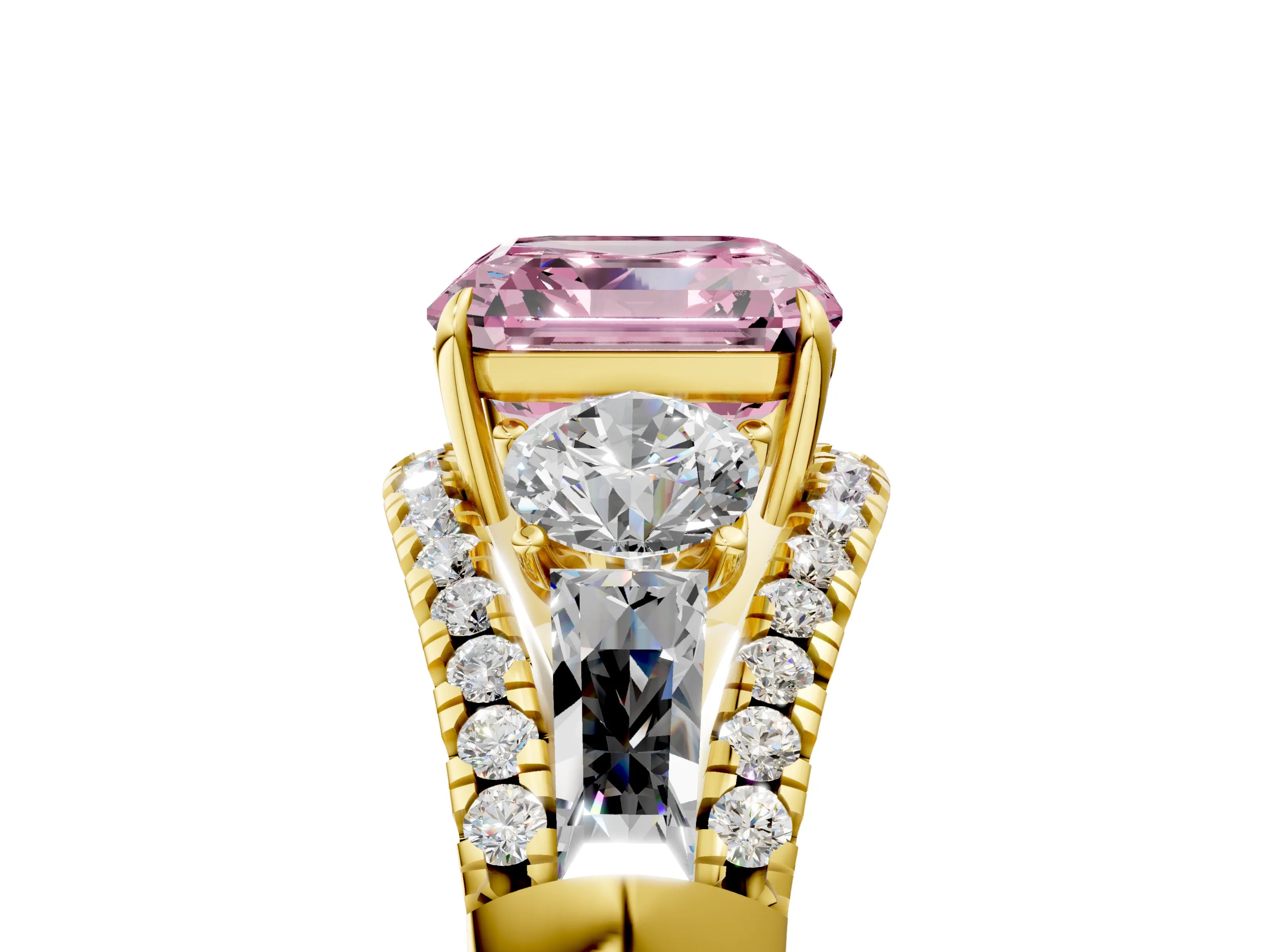 Yellow gold Three-Stone Fancy Pink Asscher Cut Diamond Engagement Ring with Pave Band and Prong Setting_5