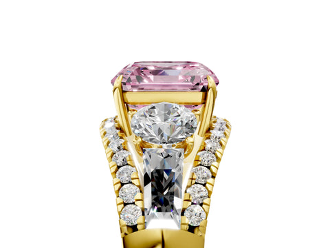Yellow gold Three-Stone Fancy Pink Asscher Cut Diamond Engagement Ring with Pave Band and Prong Setting_5