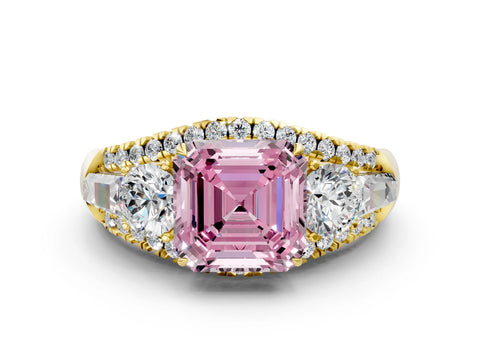 Yellow gold Three-Stone Fancy Pink Asscher Cut Diamond Engagement Ring with Pave Band and Prong Setting