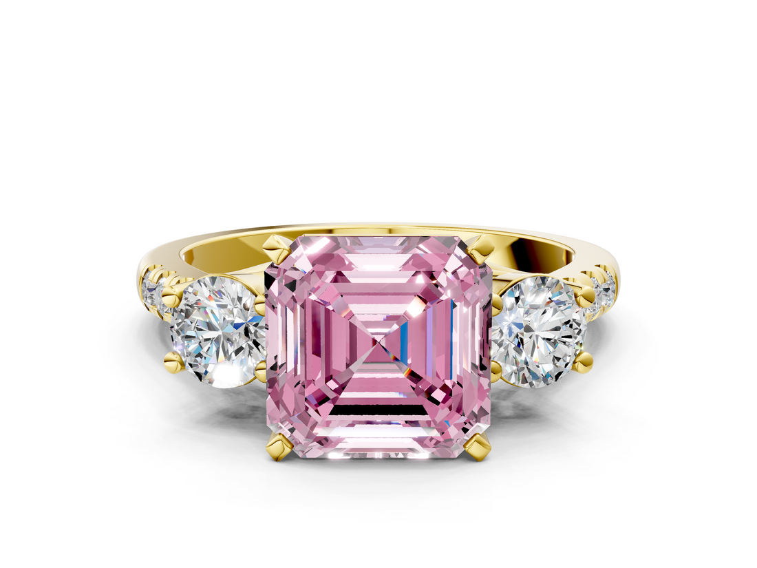 Yellow gold Three-Stone Fancy Pink Asscher  Cut Diamond Pavé Band with Four-Prong Setting