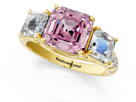Yellow gold Three-Stone Fancy Pink Asscher Cut Diamond Pavé Band with Prong Setting_1