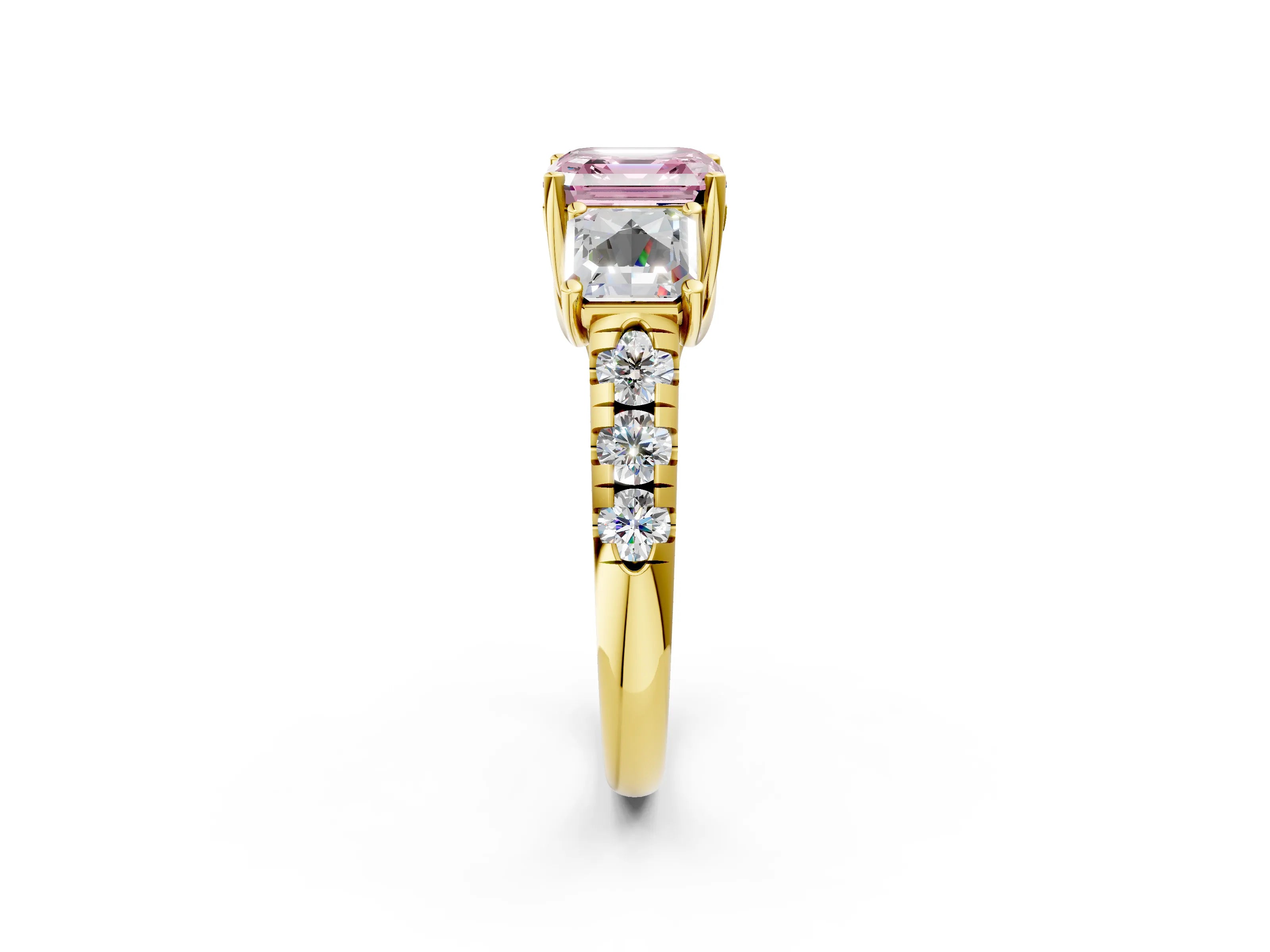Yellow gold Three-Stone Fancy Pink Asscher Cut Diamond Pavé Band with Prong Setting_2