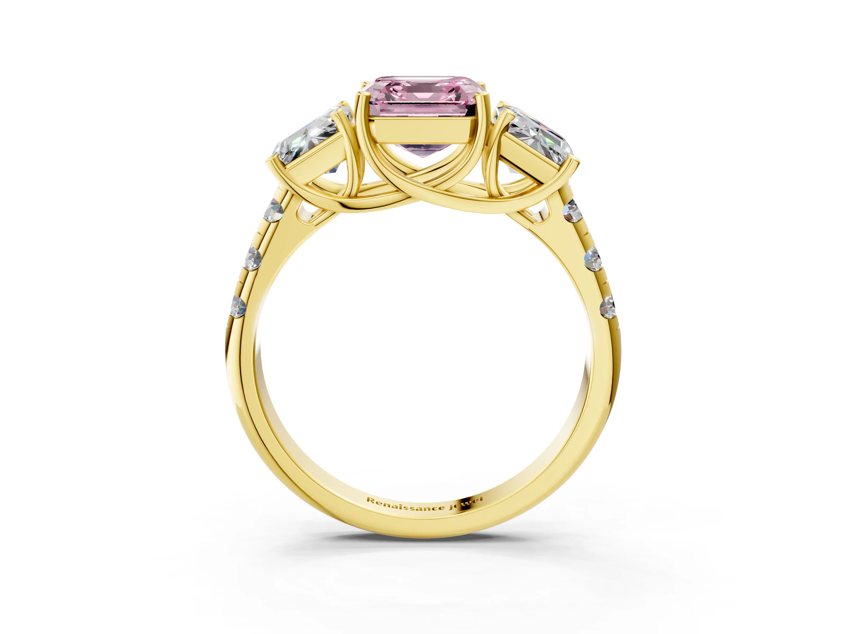 Yellow gold Three-Stone Fancy Pink Asscher Cut Diamond Pavé Band with Prong Setting_3