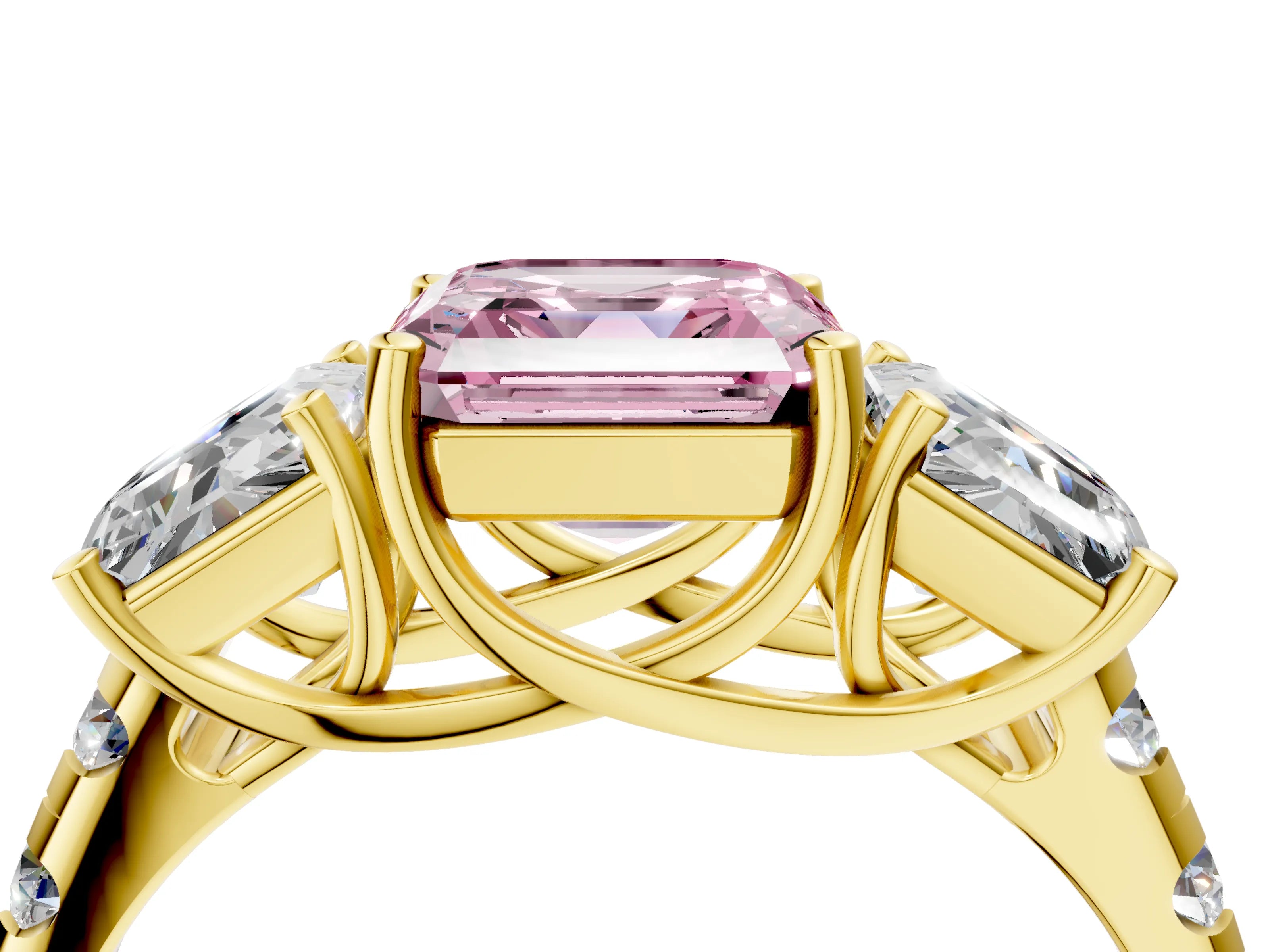 Yellow gold Three-Stone Fancy Pink Asscher Cut Diamond Pavé Band with Prong Setting_4
