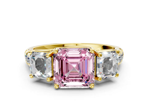 Yellow gold Three-Stone Fancy Pink Asscher Cut Diamond Pavé Band with Prong Setting