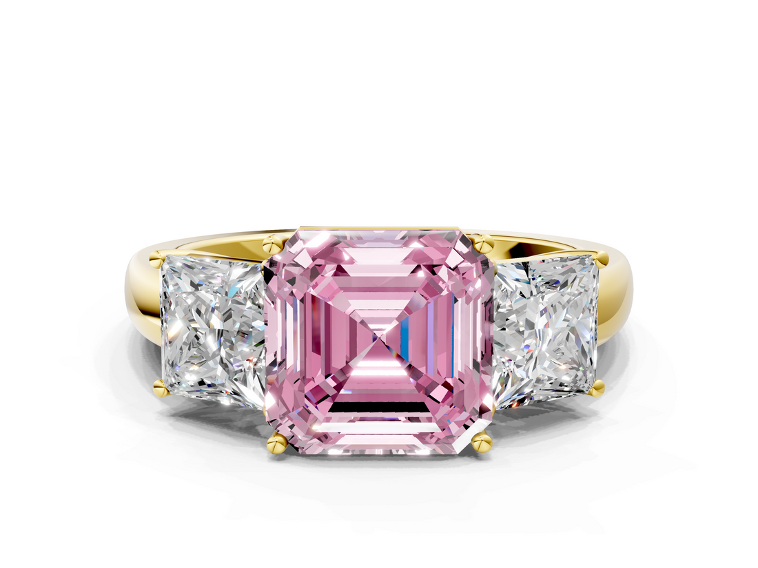 Yellow gold Three-Stone Fancy Pink Asscher  Cut Diamond Ring with Channel-Set Band and Four-Prong Setting_16