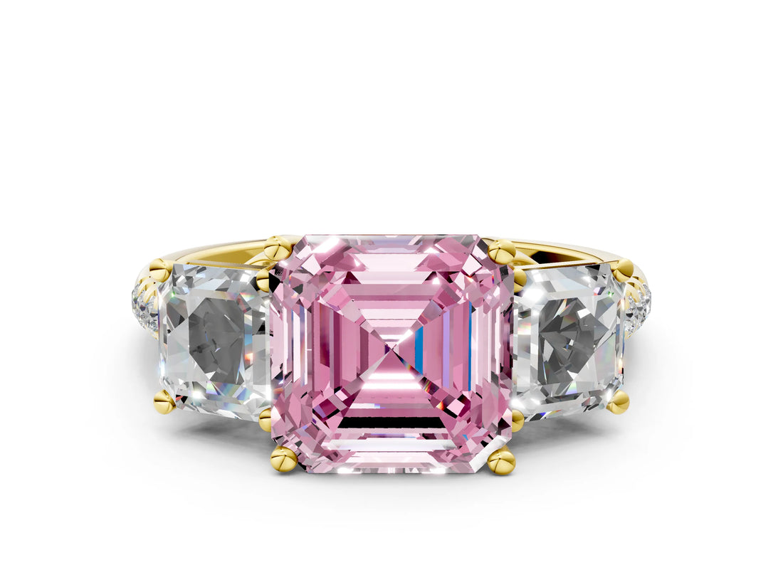 Yellow gold Three-Stone Fancy Pink Asscher Cut Diamond Ring with Round  Pavé Band and Prong Setting_12