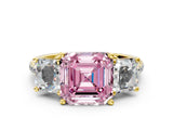 Yellow gold Three-Stone Fancy Pink Asscher Cut Diamond Ring with Round  Pavé Band and Prong Setting_12