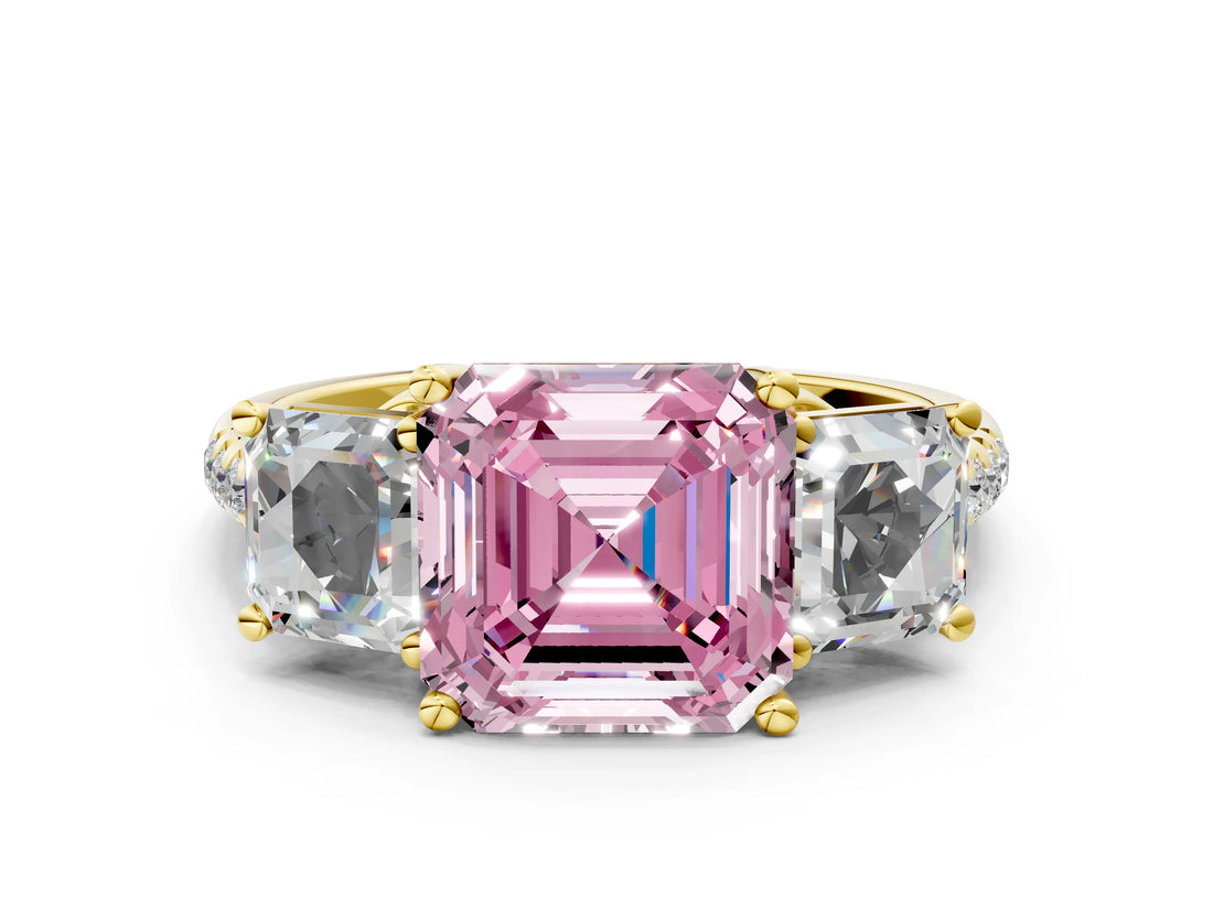 Yellow gold Three-Stone Fancy Pink Asscher Cut Diamond Ring with Round  Pavé Band and Prong Setting_99