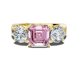 Yellow gold Three-Stone Fancy Pink Asscher Cut Diamond Ring with Round Side Stones, Classic Band, and Four-Prong Setting