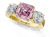 Yellow gold Three-Stone Fancy Pink Asscher Cut Diamond Ring with Round Side Stones, Classic Band, and Four-Prong Setting_1
