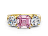 Yellow gold Three-Stone Fancy Pink Asscher Cut Diamond Ring with Round Side Stones, Classic Band, and Four-Prong Setting_12