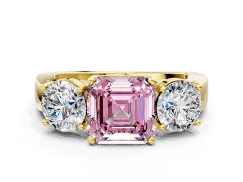 Yellow gold Three-Stone Fancy Pink Asscher Cut Diamond Ring with Round Side Stones, Classic Band, and Four-Prong Setting_12