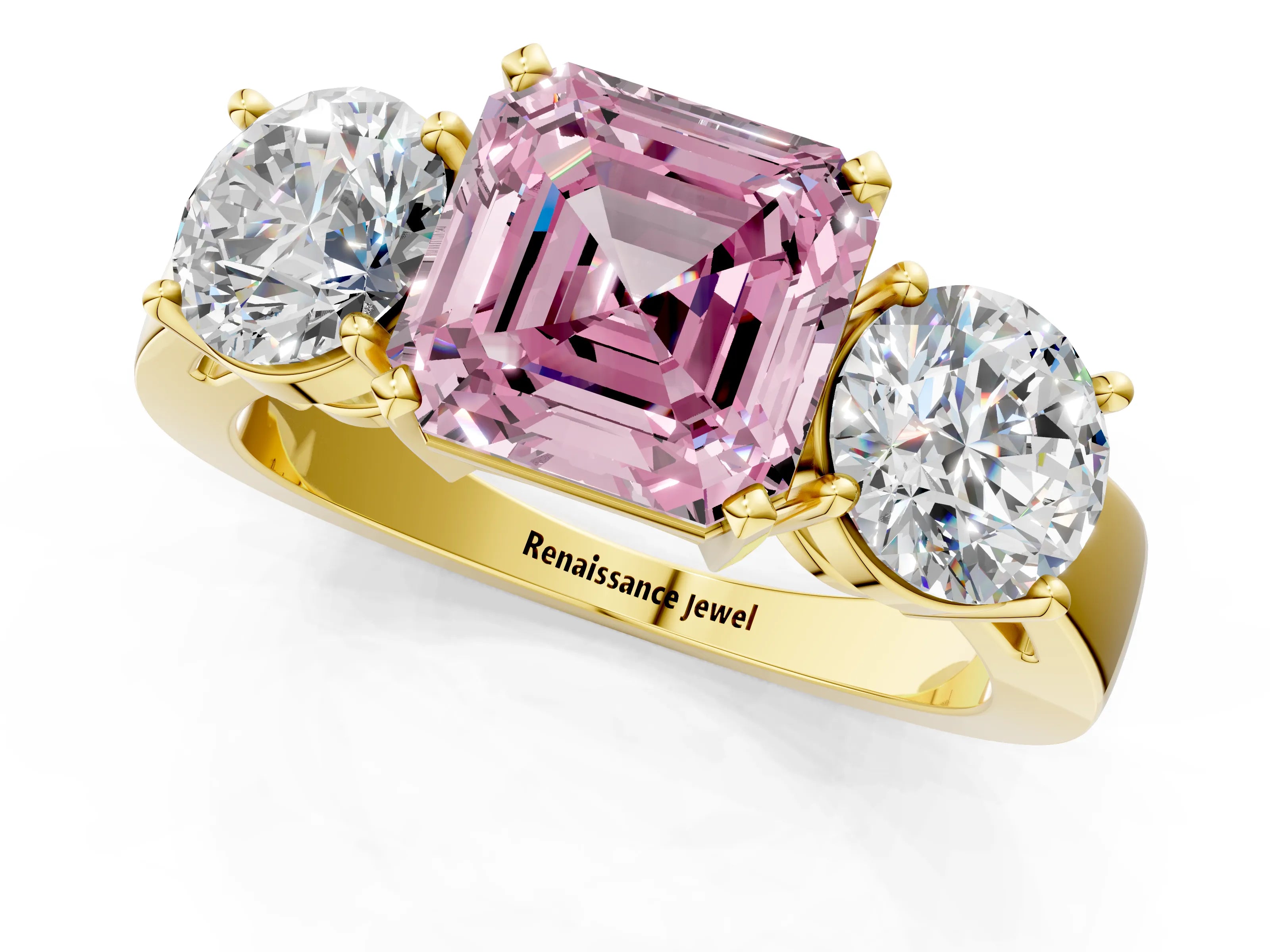 Yellow gold Three-Stone Fancy Pink Asscher Cut Diamond Ring with Round Side Stones, Classic Band, and Four-Prong Setting_13