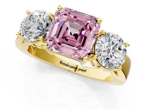 Yellow gold Three-Stone Fancy Pink Asscher Cut Diamond Ring with Round Side Stones, Classic Band, and Four-Prong Setting_13