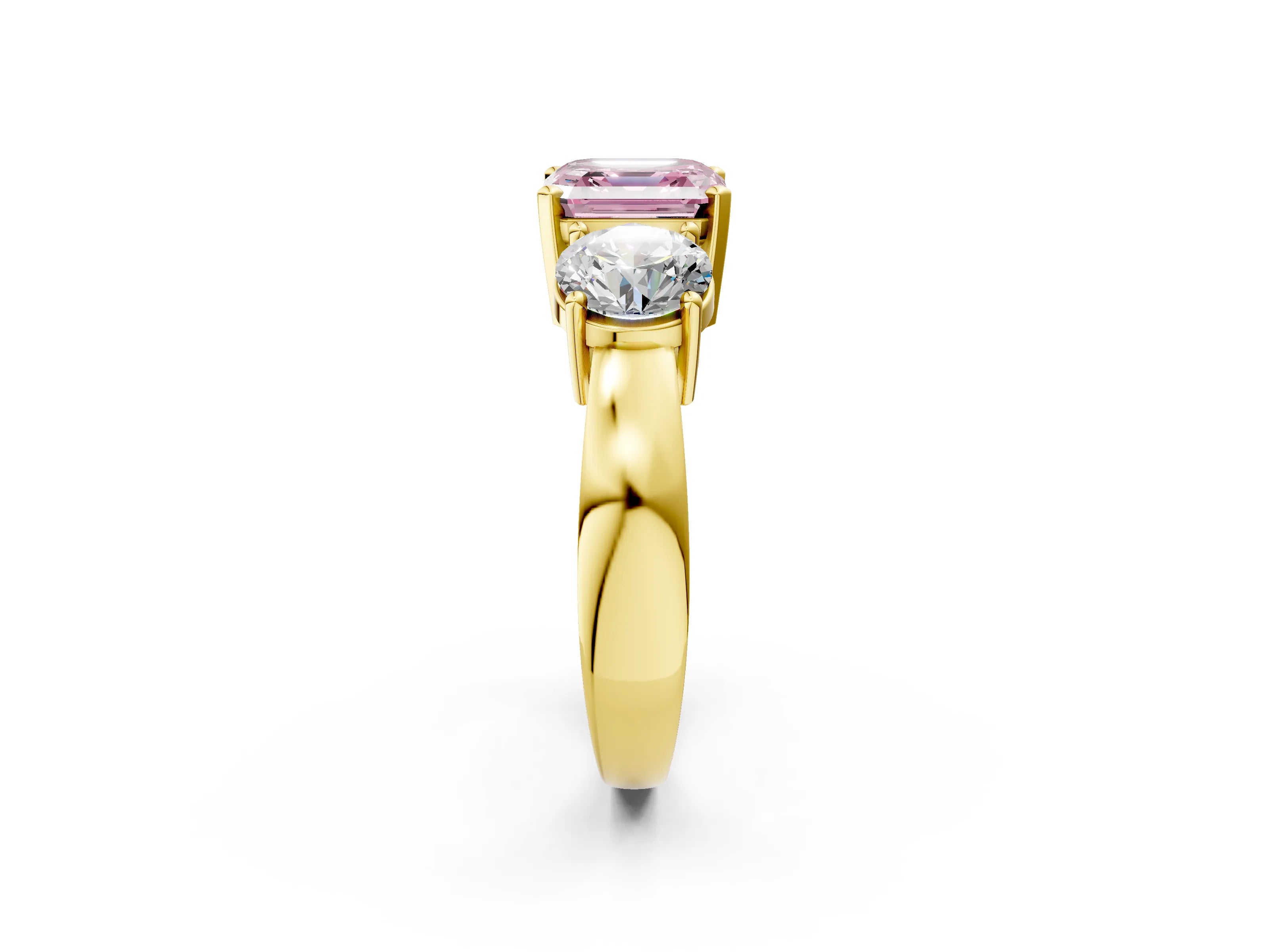 Yellow gold Three-Stone Fancy Pink Asscher Cut Diamond Ring with Round Side Stones, Classic Band, and Four-Prong Setting_14