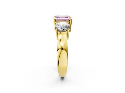 Yellow gold Three-Stone Fancy Pink Asscher Cut Diamond Ring with Round Side Stones, Classic Band, and Four-Prong Setting_14
