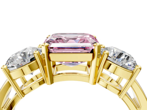 Yellow gold Three-Stone Fancy Pink Asscher Cut Diamond Ring with Round Side Stones, Classic Band, and Four-Prong Setting_16