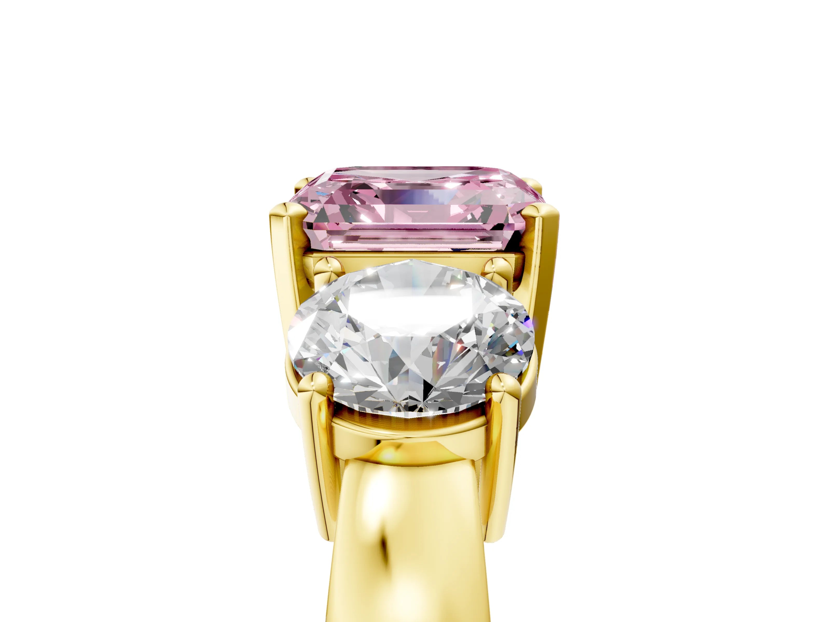 Yellow gold Three-Stone Fancy Pink Asscher Cut Diamond Ring with Round Side Stones, Classic Band, and Four-Prong Setting_17