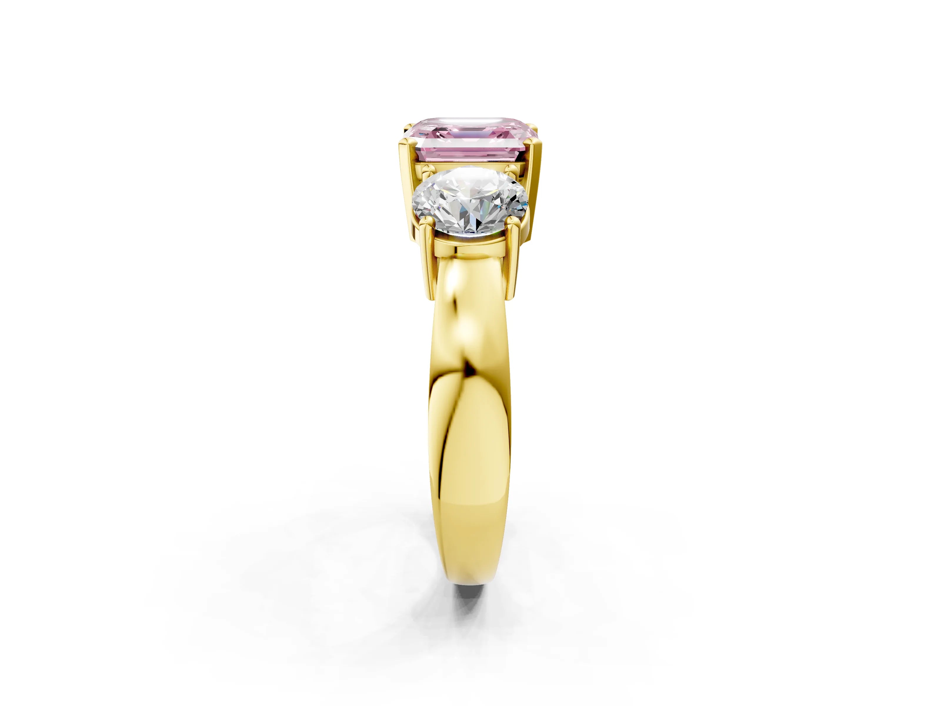 Yellow gold Three-Stone Fancy Pink Asscher Cut Diamond Ring with Round Side Stones, Classic Band, and Four-Prong Setting_2