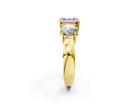 Yellow gold Three-Stone Fancy Pink Asscher Cut Diamond Ring with Round Side Stones, Classic Band, and Four-Prong Setting_2