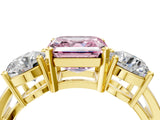 Yellow gold Three-Stone Fancy Pink Asscher Cut Diamond Ring with Round Side Stones, Classic Band, and Four-Prong Setting_4
