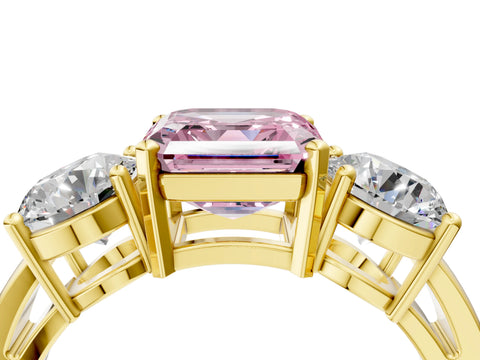 Yellow gold Three-Stone Fancy Pink Asscher Cut Diamond Ring with Round Side Stones, Classic Band, and Four-Prong Setting_4