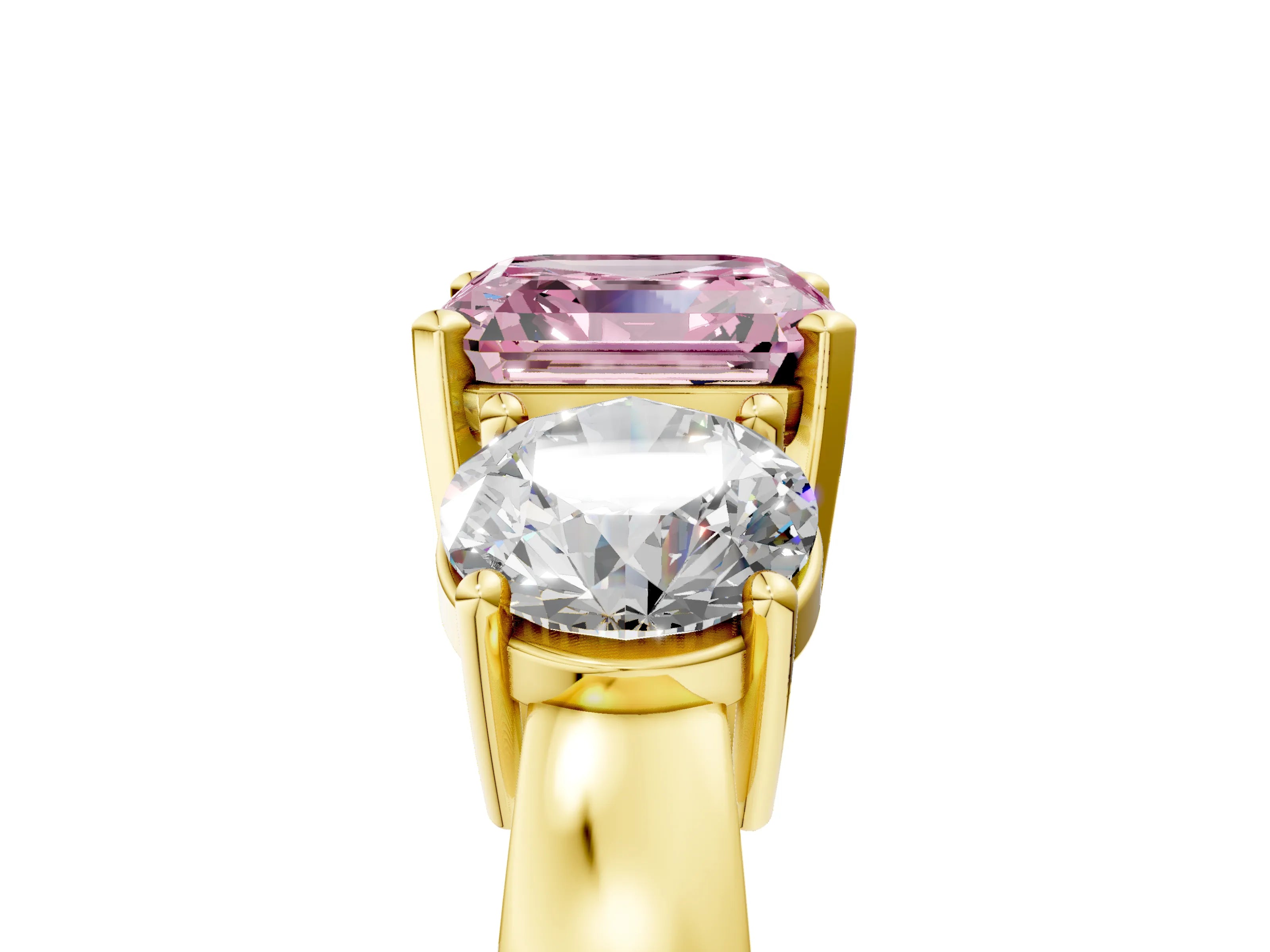 Yellow gold Three-Stone Fancy Pink Asscher Cut Diamond Ring with Round Side Stones, Classic Band, and Four-Prong Setting_5