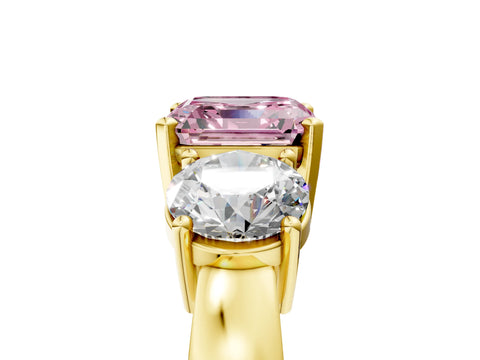 Yellow gold Three-Stone Fancy Pink Asscher Cut Diamond Ring with Round Side Stones, Classic Band, and Four-Prong Setting_5