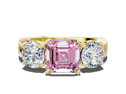 Yellow gold Three-Stone Fancy Pink Asscher Cut Diamond Ring with Round Side Stones, Classic Band, and Four-Prong Setting