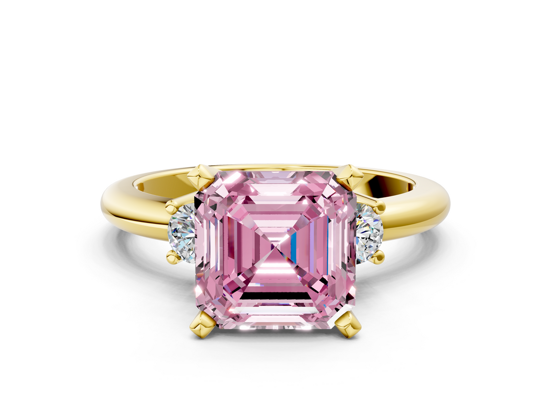 Yellow gold Three-Stone Fancy Pink Asscher  Cut Diamond Solitaire with Prong Setting and Classic Band