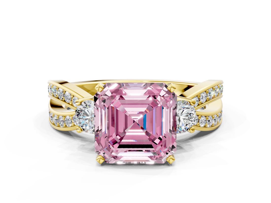 Yellow gold Three-Stone Fancy Pink Asscher  Cut Diamond Twist Band with Prong Setting_17