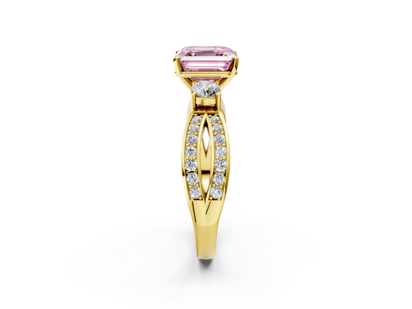 Yellow Gold Asscher Cut Three Stone Twist Engagement Ring Setting for Fancy Pink Center