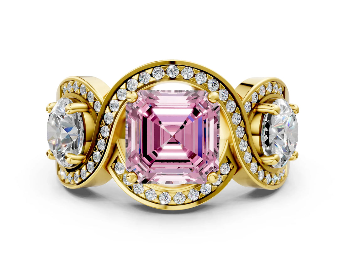 Yellow gold Three-Stone Fancy Pink Asscher Cut Diamond Wave Pave Band with Prong Setting