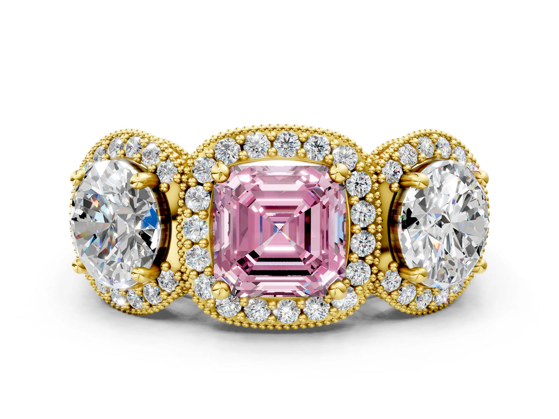 Yellow gold Three-Stone Fancy Pink Asscher Cut Halo Diamond Milgrain Band with Four-Prong Setting