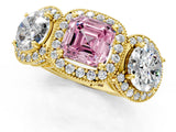 Yellow gold Three-Stone Fancy Pink Asscher Cut Halo Diamond Milgrain Band with Four-Prong Setting_1