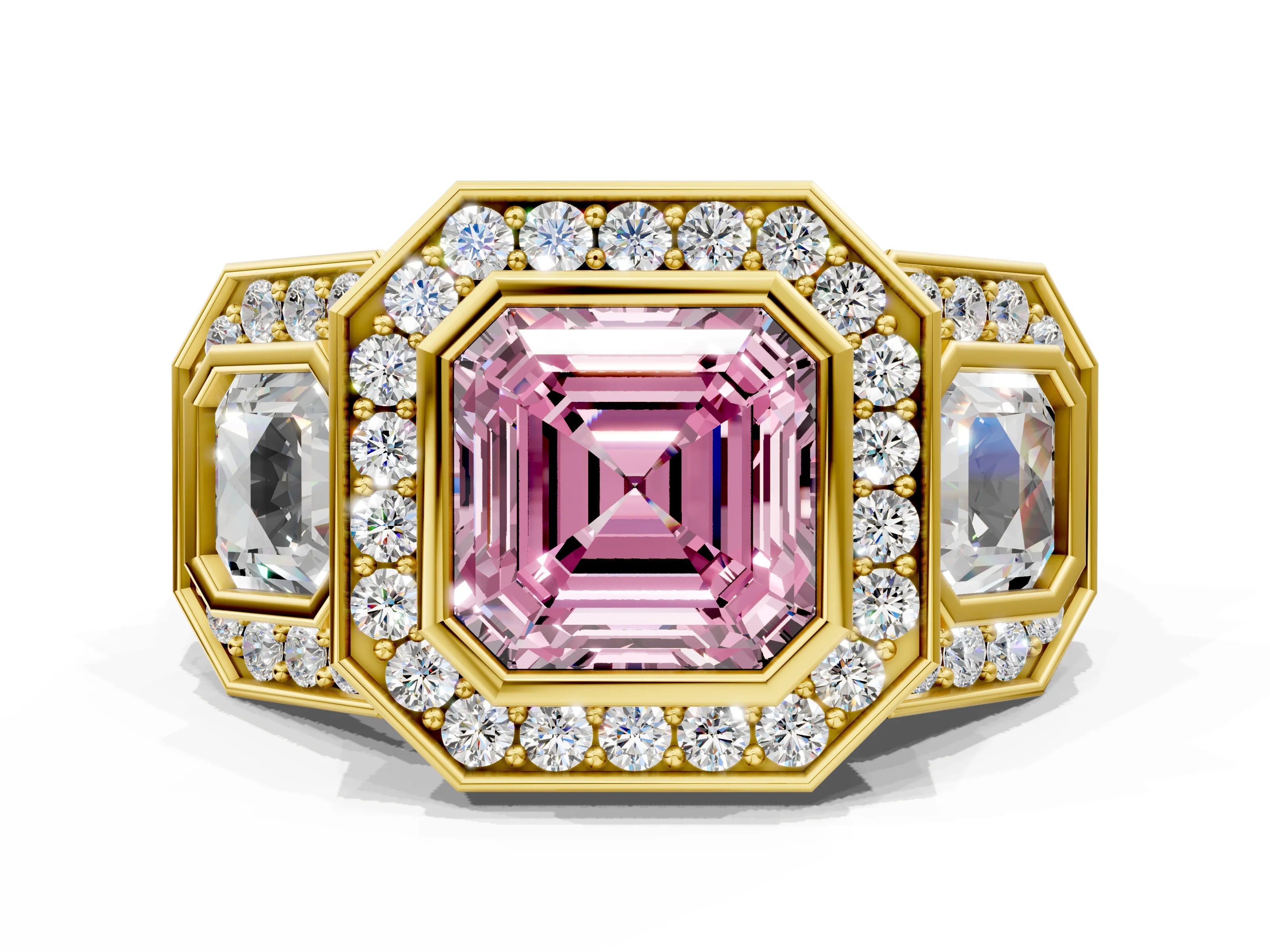Yellow gold Three-Stone Fancy Pink Asscher Cut Halo Pavé Diamond Ring