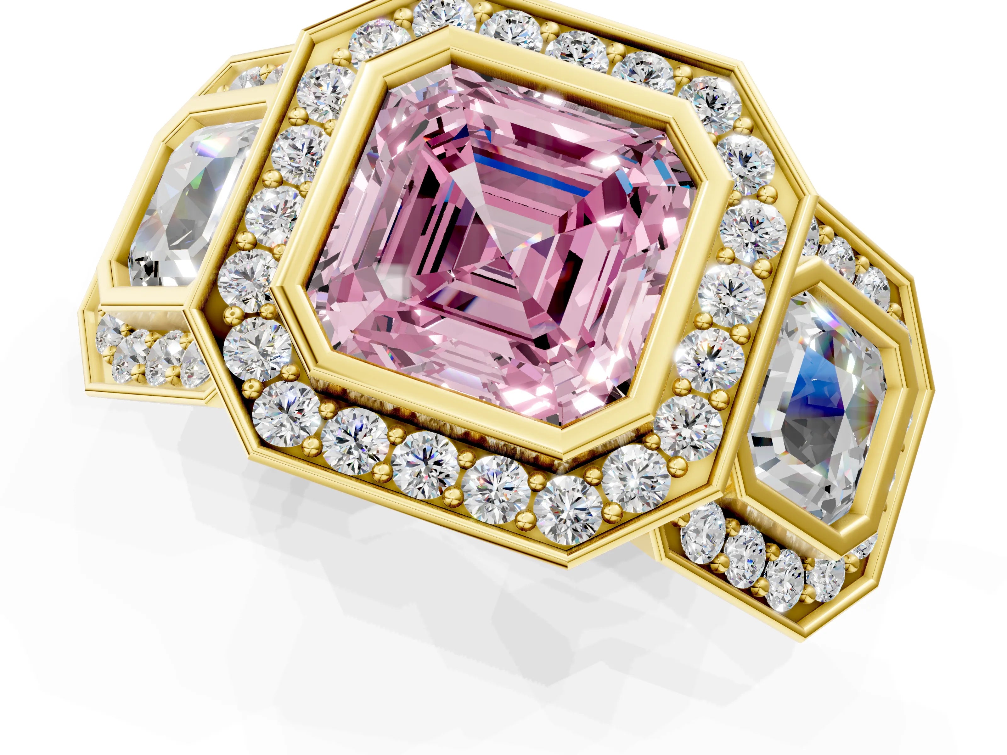 Yellow gold Three-Stone Fancy Pink Asscher Cut Halo Pavé Diamond Ring_1